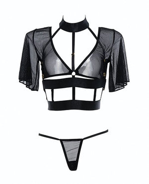 Adore Dreamer Sheer Mesh Strappy Top & Thong Black O/S Lingerie