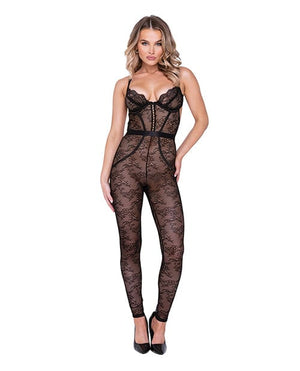 Chantilly Stretch Lace Sleeveless Catsuit W/satin Trim Black Large Lingerie
