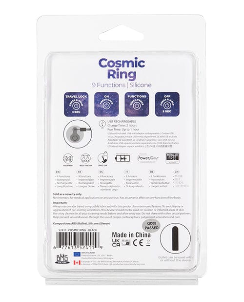 Cosmic Cock Ring w/Rechargeable Bullet - 9 Functions Black Penis Enhancement