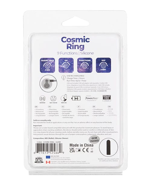 Cosmic Cock Ring w/Rechargeable Bullet - 9 Functions Glow in the Dark Penis Enhancement