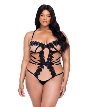 Ebony Rose Floral Guipure Lace Trim Teddy Black 1x Lingerie - Plus/queen - Hanging