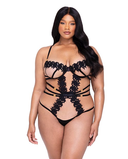 Ebony Rose Floral Guipure Lace Trim Teddy Black 1x Lingerie - Plus/queen - Hanging