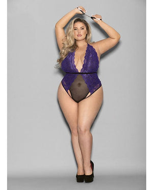 Euphoria Halter Lace & Mesh Teddy w/Wrist Restraints Purple/Black QN Lingerie - Plus/queen - Packaged