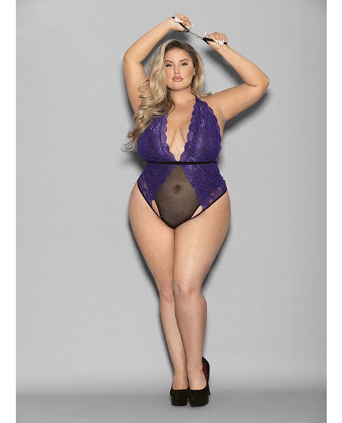 Euphoria Halter Lace & Mesh Teddy w/Wrist Restraints Purple/Black QN Lingerie - Plus/queen - Packaged