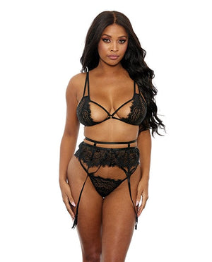 Eyelash Lace Bra, High Waist Garter Belt & G-string Black Large Lingerie