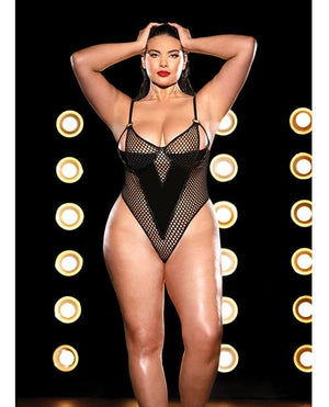 Fetish Frisky Fishnet & Vinyl Shelf Cup Peek A Boo Teddy Black Lingerie - Plus/queen - Packaged