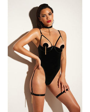 Fetish Play Open Shelf Cup Vinyl & Mesh Teddy W/vinyl Nipple Covers & Chain Tassle Black Lingerie