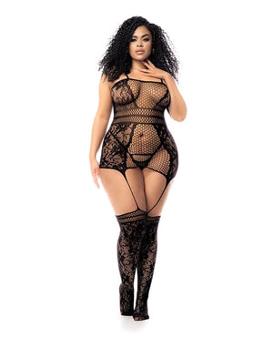 Floral Fishnet Bodystocking Black Queen Lingerie - Plus/queen - Packaged