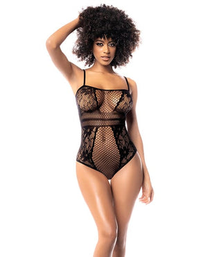 Floral Fishnet Bodysuit Black One Size Lingerie