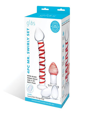 Glas 4 pc Mr. Swirly Set w/Glass Kegel Balls & 3.25" Butt Plug - Red Dongs & Dildos