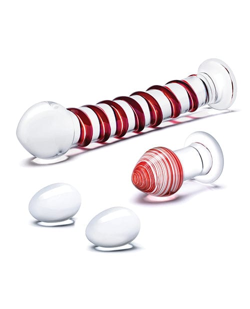 Glas 4 pc Mr. Swirly Set w/Glass Kegel Balls & 3.25" Butt Plug - Red Dongs & Dildos