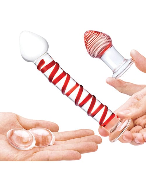 Glas 4 pc Mr. Swirly Set w/Glass Kegel Balls & 3.25" Butt Plug - Red Dongs & Dildos