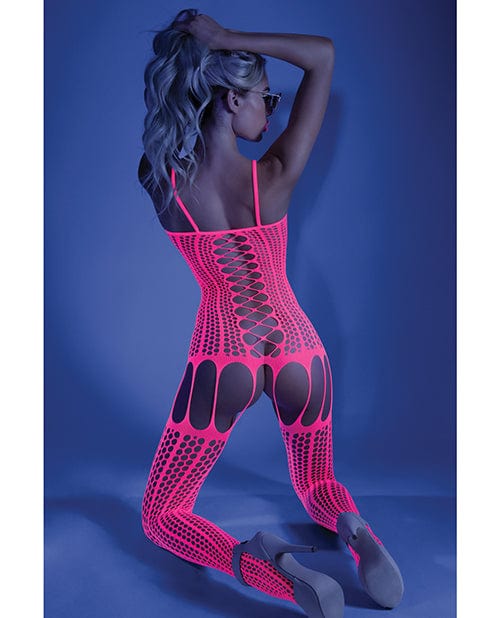 Glow Black Light Criss Cross Paneled Bodystocking Neon Pink O/S Lingerie