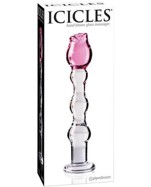 Icicles No. 12 Hand Blown Glass Massager - Clear w/Rose Tip Dongs & Dildos
