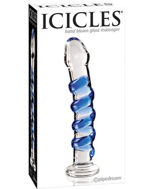 Icicles No. 5 Hand Blown Glass Massager - Clear w/Blue Swirls Dongs & Dildos
