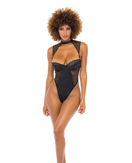 Josephine High Leg Teddy W/removable Fishnet Collared Harness Black Large Lingerie