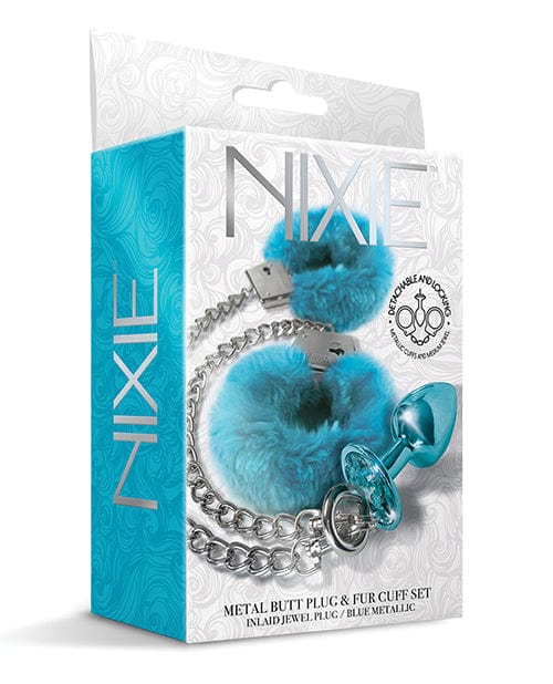 Nixie Metal Butt Plug W/inlaid Jewel & Fur Cuff Set Blue Metallic Bondage Blindfolds & Restraints