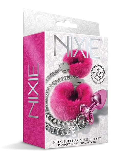 Nixie Metal Butt Plug W/inlaid Jewel & Fur Cuff Set Pink Metallic Bondage Blindfolds & Restraints