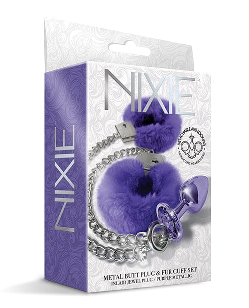 Nixie Metal Butt Plug W/inlaid Jewel & Fur Cuff Set Purple Metallic Bondage Blindfolds & Restraints