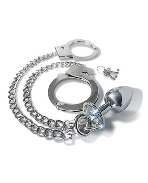 Nixie Metal Butt Plug w/Inlaid Jewel & Fur Cuff Set - Silver Metallic Bondage Blindfolds & Restraints