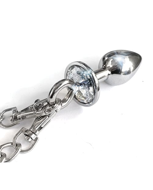 Nixie Metal Butt Plug w/Inlaid Jewel & Fur Cuff Set - Silver Metallic Bondage Blindfolds & Restraints