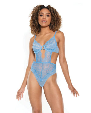 Scallop Stretch Lace & Sheer Mesh Teddy W/front V Cut Out Blue Large Lingerie