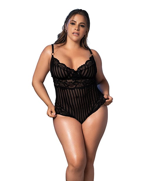Shadow Strip & Lace Teddy W/hook & Eye Closure Black 1x/2x Lingerie - Plus/queen - Packaged
