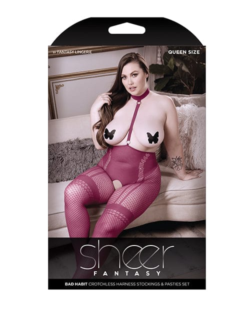 Sheer Fantasy Bad Habit Choker Harness Stocking w/Butterfly Pasties Magenta QN Lingerie - Plus/queen - Packaged