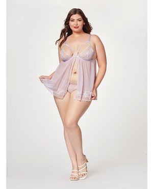 Sheer Mesh & Lace Demi Cup Babydoll & Thong Lavender 1x/2x Lingerie - Plus/queen - Hanging