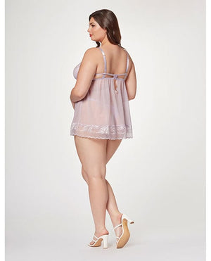 Sheer Mesh & Lace Demi Cup Babydoll & Thong Lavender Lingerie - Plus/queen - Hanging