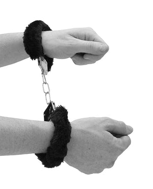 Shots Ouch Black & White Beginner's Furry Hand Cuffs - Black Bondage Blindfolds & Restraints