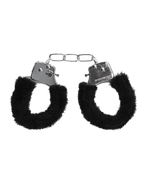 Shots Ouch Black & White Beginner's Furry Hand Cuffs - Black Bondage Blindfolds & Restraints