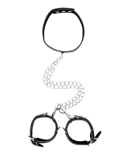 Shots Ouch Black & White Bonded Leather Collar w/Hand Cuffs - Black Bondage Blindfolds & Restraints