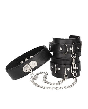Shots Ouch Black & White Bonded Leather Collar w/Hand Cuffs - Black Bondage Blindfolds & Restraints