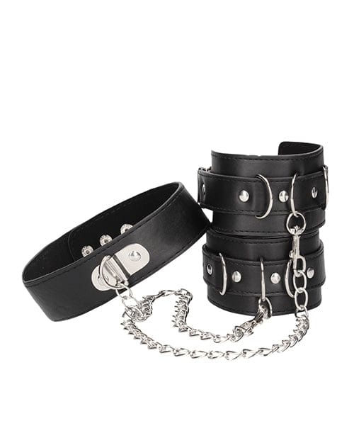 Shots Ouch Black & White Bonded Leather Collar w/Hand Cuffs - Black Bondage Blindfolds & Restraints