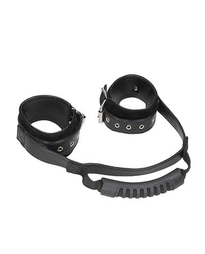 Shots Ouch Black & White Bonded Leather Hand Cuffs w/Handle - Black Bondage Blindfolds & Restraints