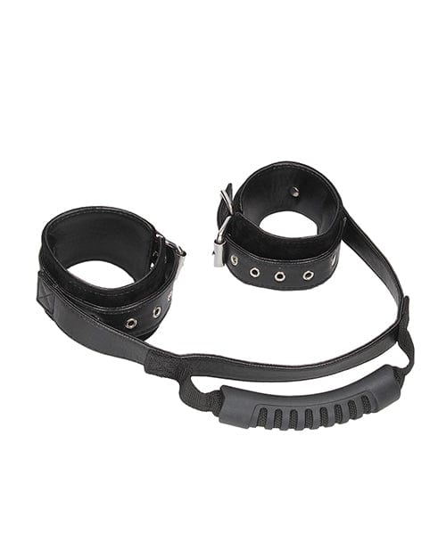 Shots Ouch Black & White Bonded Leather Hand Cuffs w/Handle - Black Bondage Blindfolds & Restraints