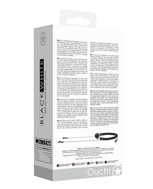 Shots Ouch Black & White Breathable Ball Gag w/Nipple Clamps - Black Bondage Blindfolds & Restraints