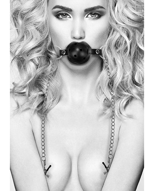 Shots Ouch Black & White Breathable Ball Gag w/Nipple Clamps - Black Bondage Blindfolds & Restraints