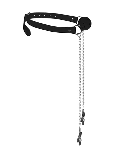 Shots Ouch Black & White Breathable Ball Gag w/Nipple Clamps - Black Bondage Blindfolds & Restraints