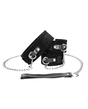 Shots Ouch Black & White Velcro Collar w/Leash & Hand Cuffs - Black Bondage Blindfolds & Restraints