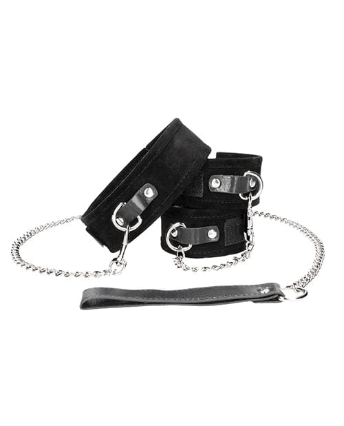 Shots Ouch Black & White Velcro Collar w/Leash & Hand Cuffs - Black Bondage Blindfolds & Restraints