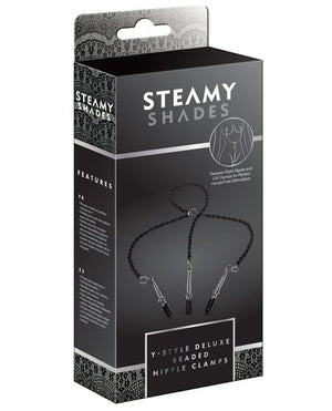 Steamy Shades Y-Style Deluxe Beaded Nipple Clamps - Black/Silver Bondage Blindfolds & Restraints