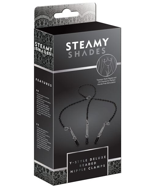 Steamy Shades Y-Style Deluxe Beaded Nipple Clamps - Black/Silver Bondage Blindfolds & Restraints