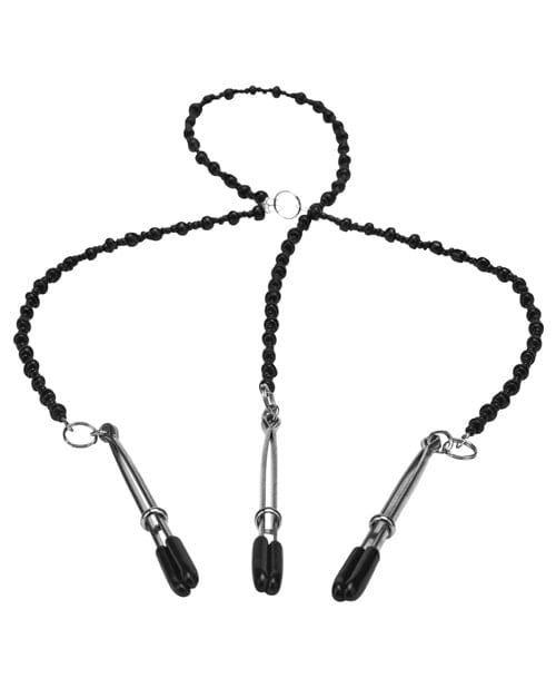 Steamy Shades Y-Style Deluxe Beaded Nipple Clamps - Black/Silver Bondage Blindfolds & Restraints