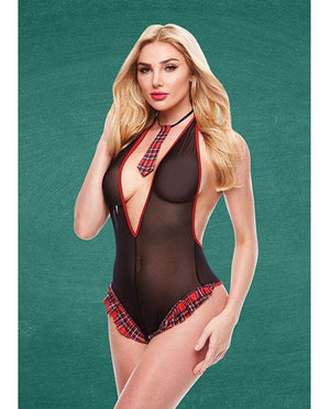 Teacher's Pet Schoolgirl See Thru Crotchless Teddy W/tie Black/red Medium/Large Costumes