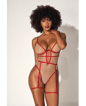 Underwire Bodysuit W/cut Out Heart Back Nude/red Large/Extra Large Lingerie