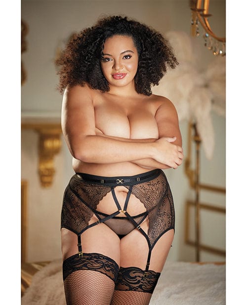 Allure High Waisted Lace Garter & G-string Qn Black Lingerie - Plus/queen - Packaged