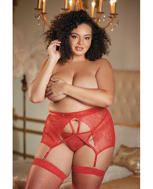 Allure High Waisted Lace Garter & G-string Qn Red Lingerie - Plus/queen - Packaged