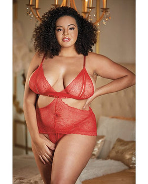 Allure Lace Peek A Boo Chemise & Ouverte G-string Qn Red Lingerie - Plus/queen - Packaged